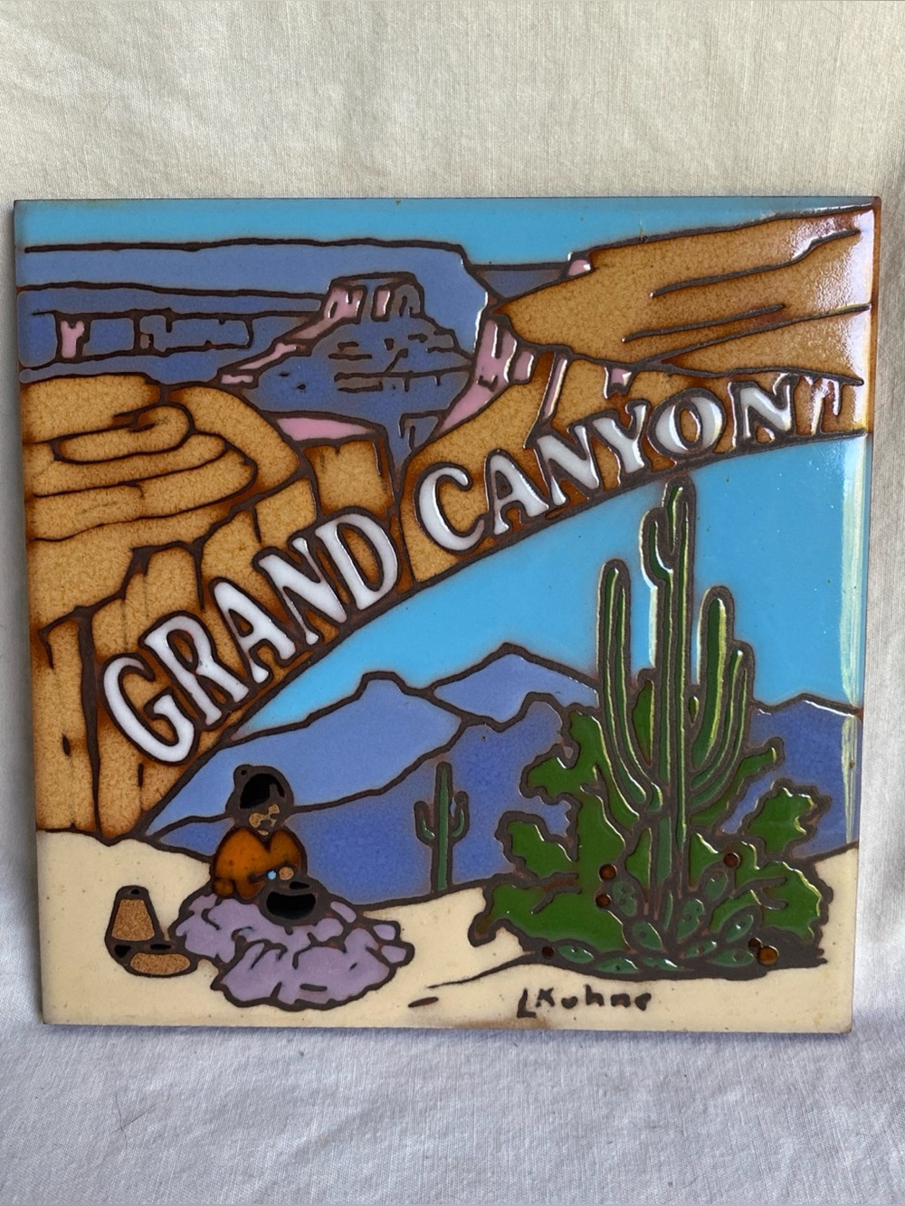 Vtg 1990 Grand Canyon Earthtones Hand Glazed Tile 6x6 Made in USA L Kuhne